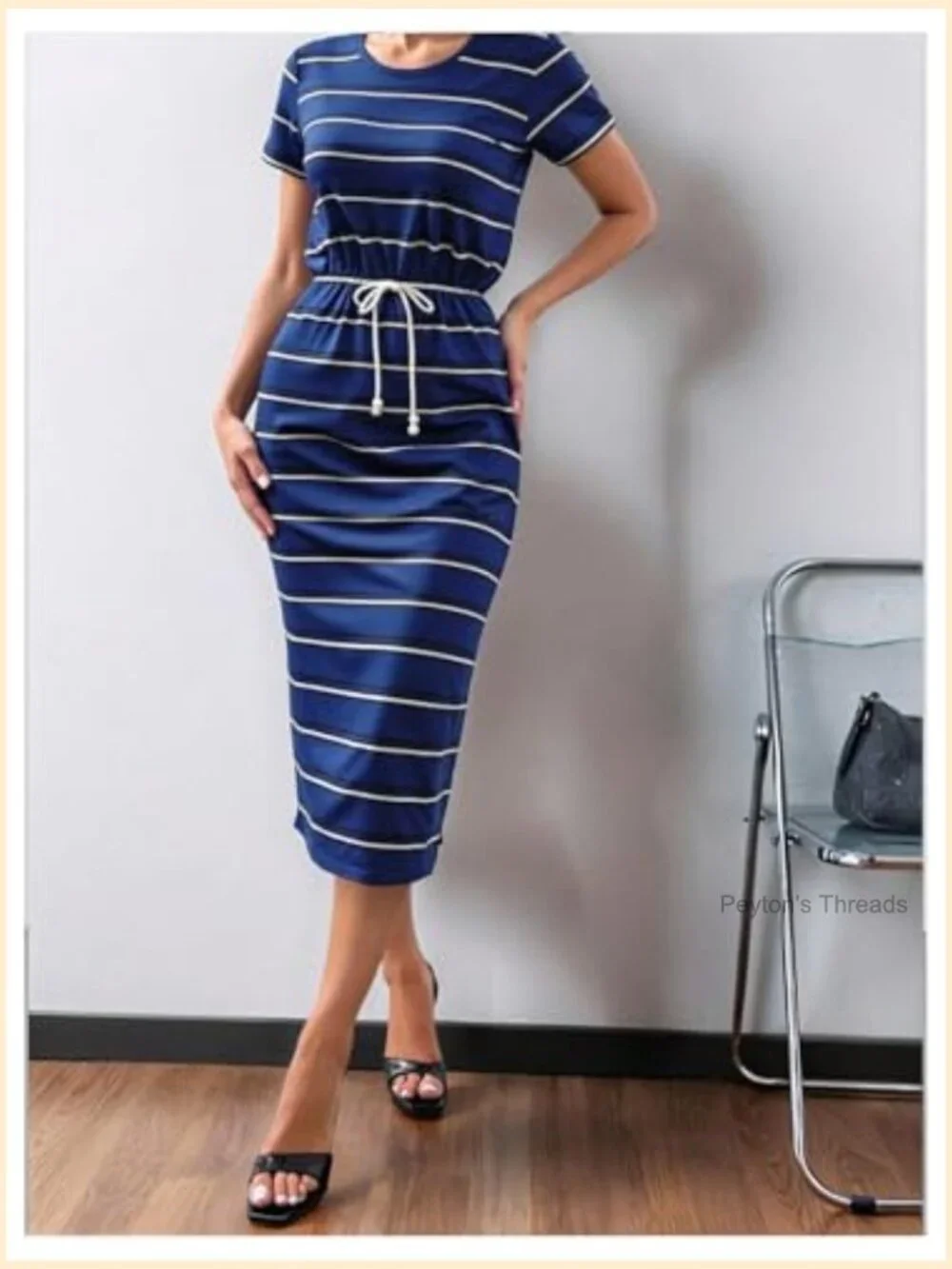 Women's Striped Midi Dress Short Sleeve Drawstring Waist Summer Work Casual - Picture 4 of 5